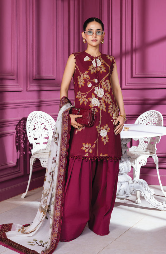 M Basics Digital Printed Linen Unstitched 3 Piece Suit - 2B - MB25BSW - Red - Winter Collection