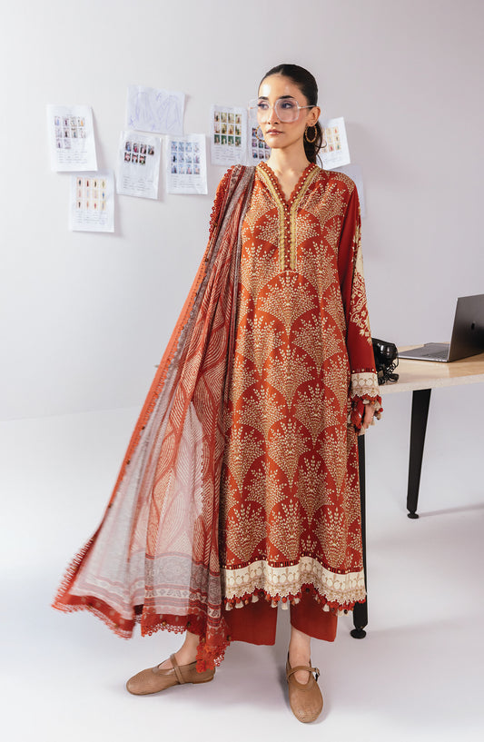 M Basics Digital Printed Linen Unstitched 3 Piece Suit - 8B - MB25BSW - Orange - Winter Collection