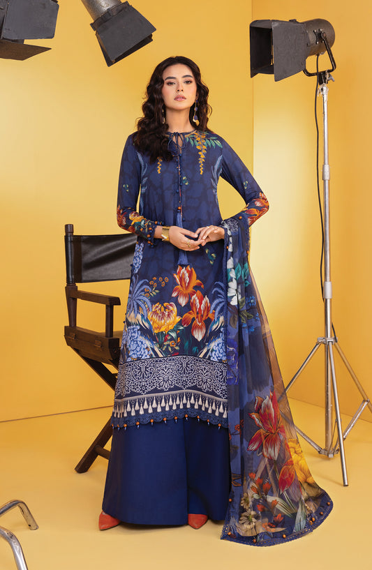 M Basics Digital Printed Linen Unstitched 3 Piece Suit - 9B - MB25BSW - Blue - Winter Collection