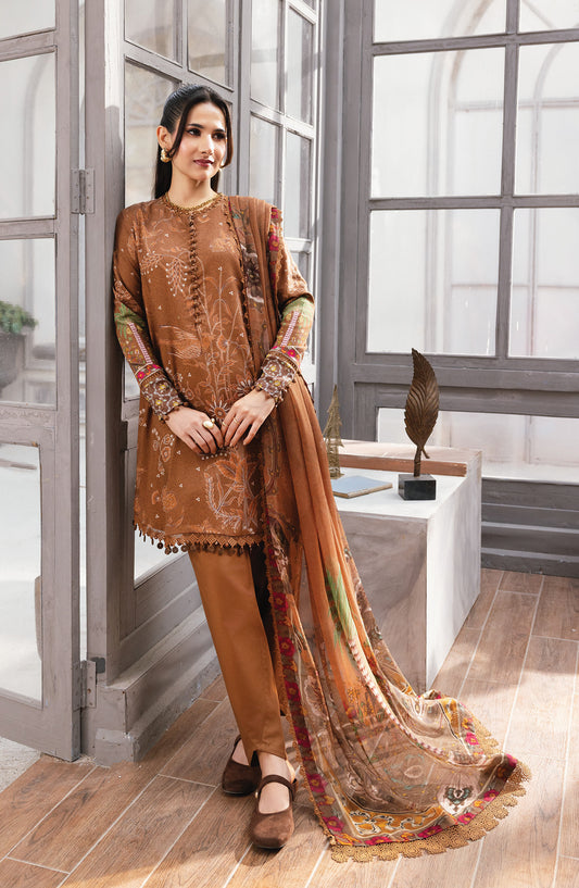 M Basics Digital Printed Marina Twill Unstitched 3 Piece Suit - 6B - MB25BSW - Rust - Winter Collection