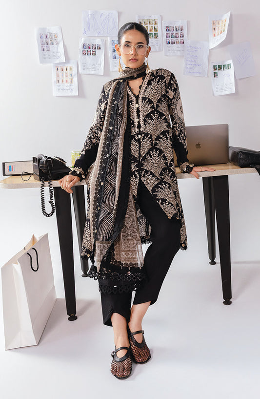 M Basics Digital Printed Marina Twill Unstitched 3 Piece Suit - 8A - MB25BSW - Black - Winter Collection