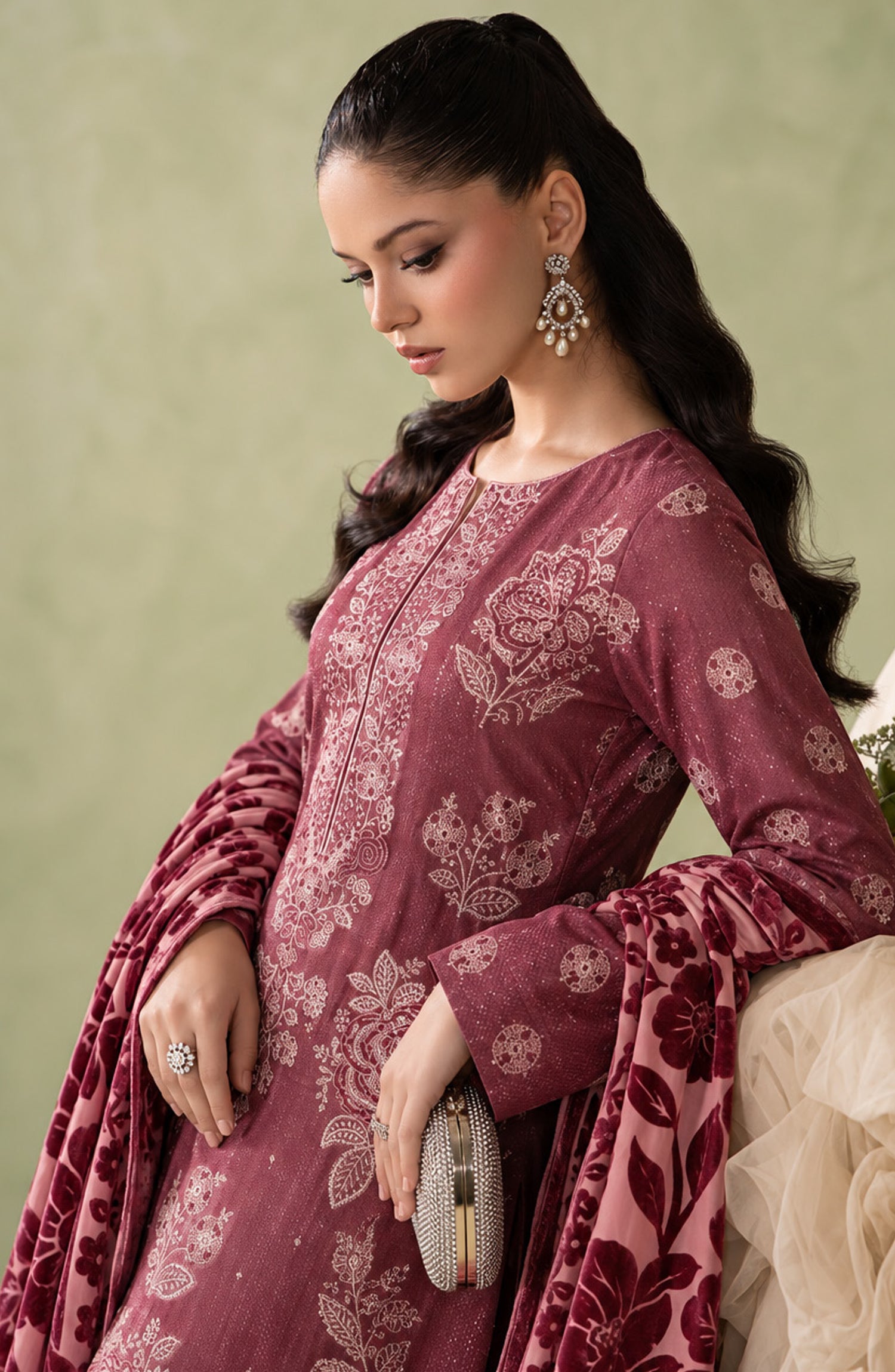 Mah-e-Naaz by Amna Khadija Embroidered Chamki Dhanak Unstitched 3 Piece Suit - D-01 - AM26MHN - Pink - Winter Collection