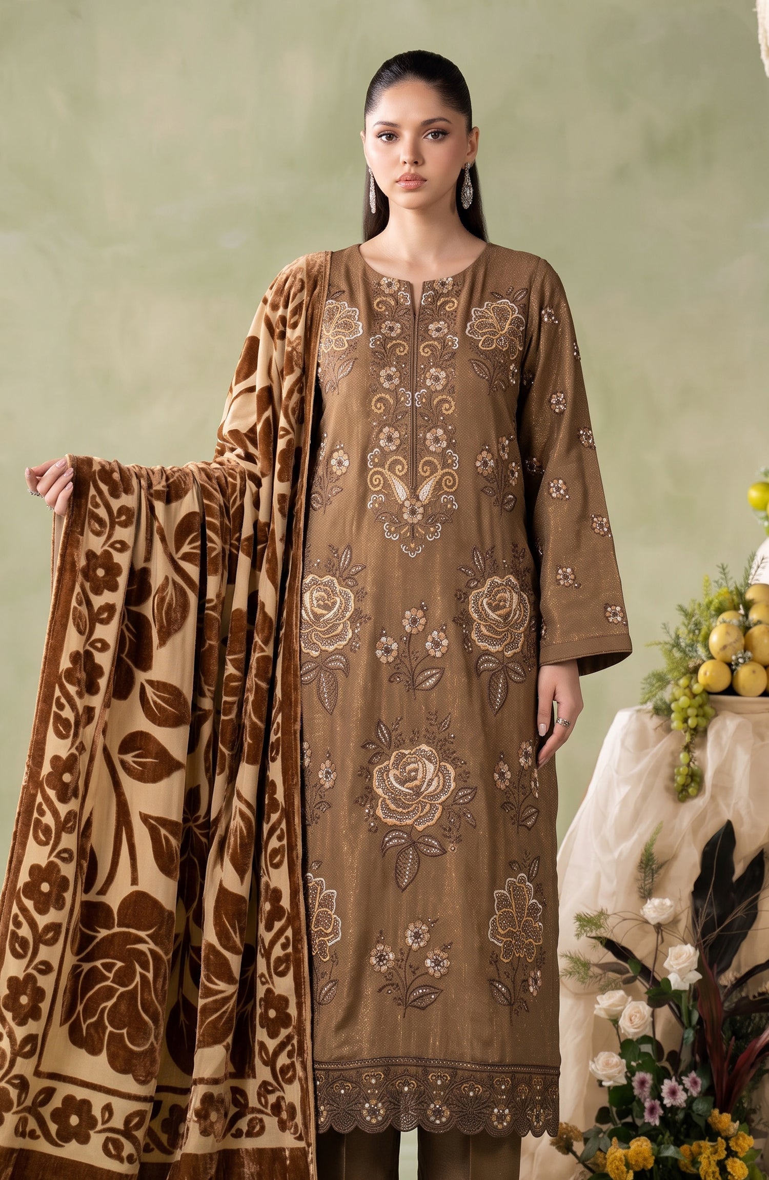 Mah-e-Naaz by Amna Khadija Embroidered Chamki Dhanak Unstitched 3 Piece Suit - D-02 - AM26MHN - Brown - Winter Collection