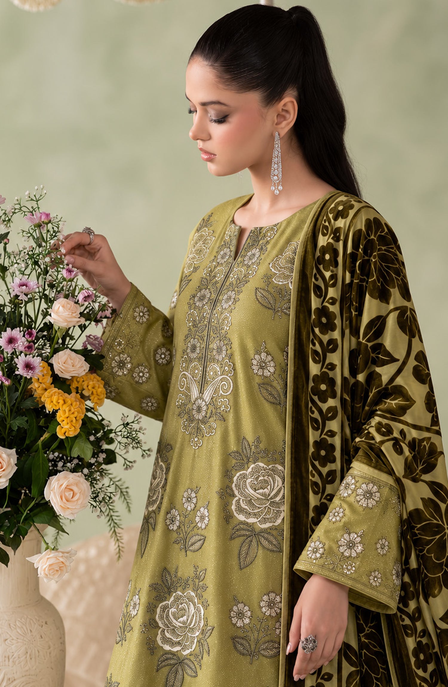 Mah-e-Naaz by Amna Khadija Embroidered Chamki Dhanak Unstitched 3 Piece Suit - D-04 - AM26MHN - Green - Winter Collection