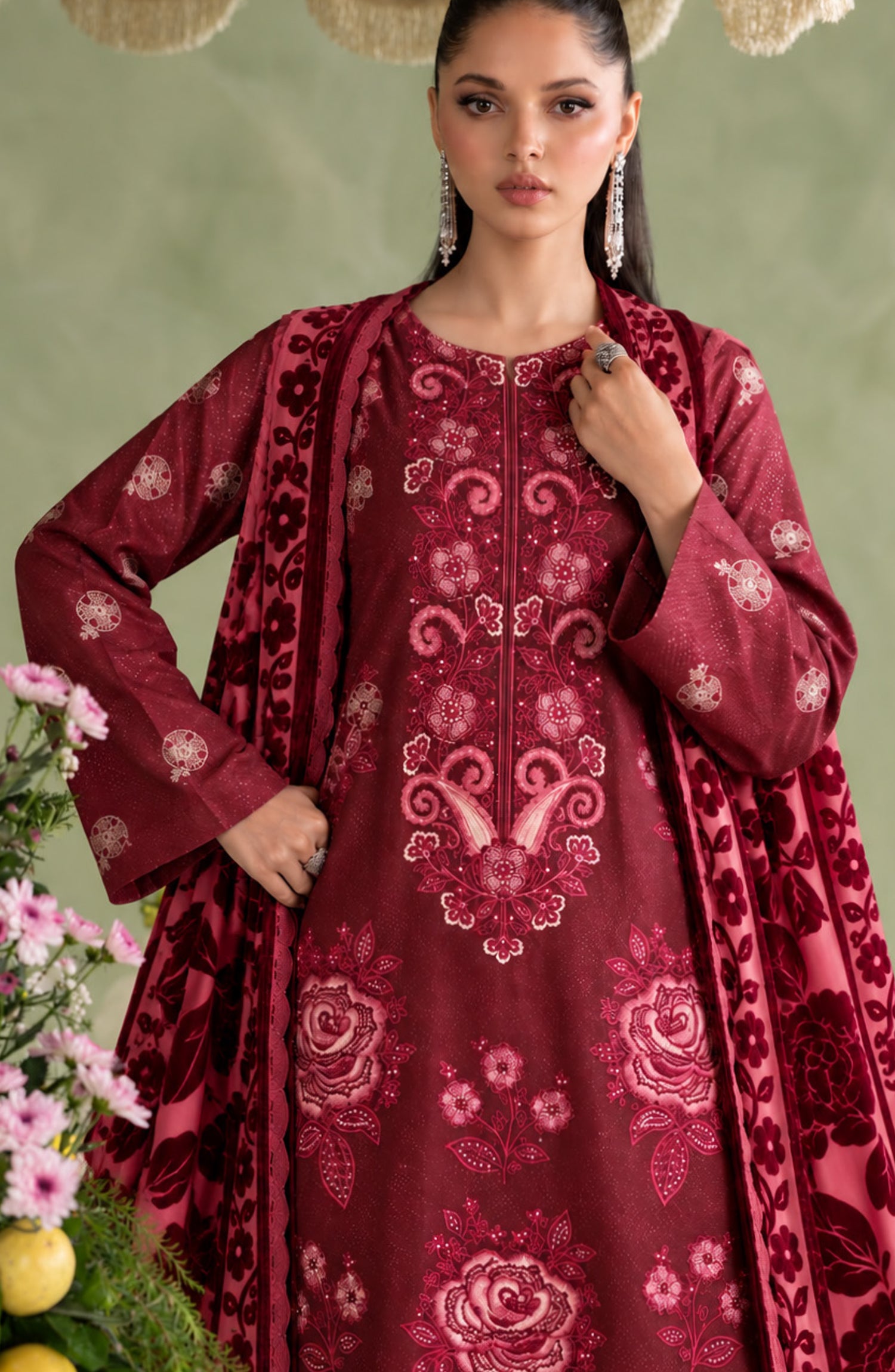 Mah-e-Naaz by Amna Khadija Embroidered Chamki Dhanak Unstitched 3 Piece Suit - D-06 - AM26MHN - Maroon - Winter Collection