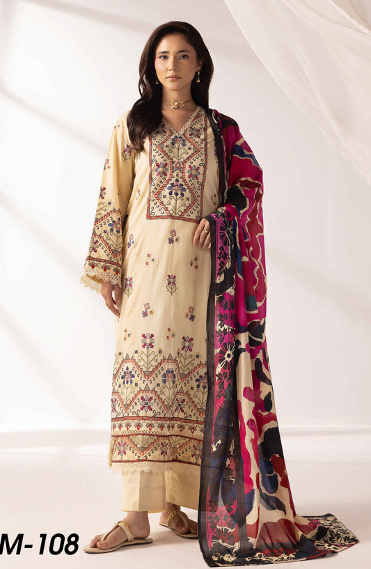 Mahjabeen by Al Karim Embroidered Lawn Unstitched 3 Piece Suit - M-108 - AK26MHJ - Fawn - Summer Collection