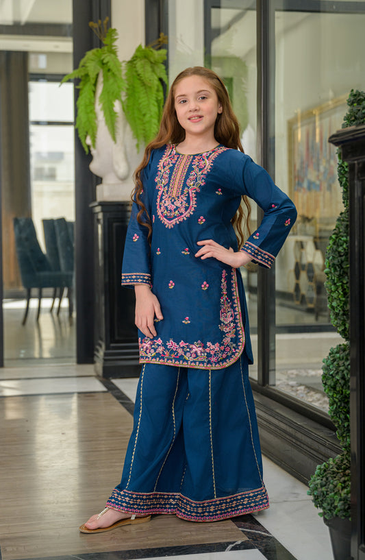 Fresh Birds Embroidered Cotton Lawn Stitched 2 Piece Suit - Mahnoor - FBR26TW - Blue - Festive Girls Collection