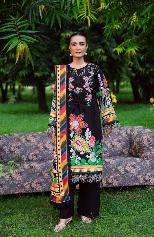 Mahnur Gardenia Embroidered Khaddar Unstitched 3 Piece Suit - GR-06 - MH25GR - Black - Winter Collection