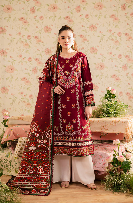 Mahnur Kaia Embroidered Slub Linen Unstitched 3 Piece Suit - KO-12 - MH25KAI - Maroon - Winter Collection