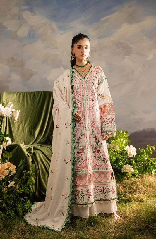 Mahnur Kaia Embroidered Slub Linen Unstitched 3 Piece Suit - KO-11 - MH25KAI - White - Winter Collection