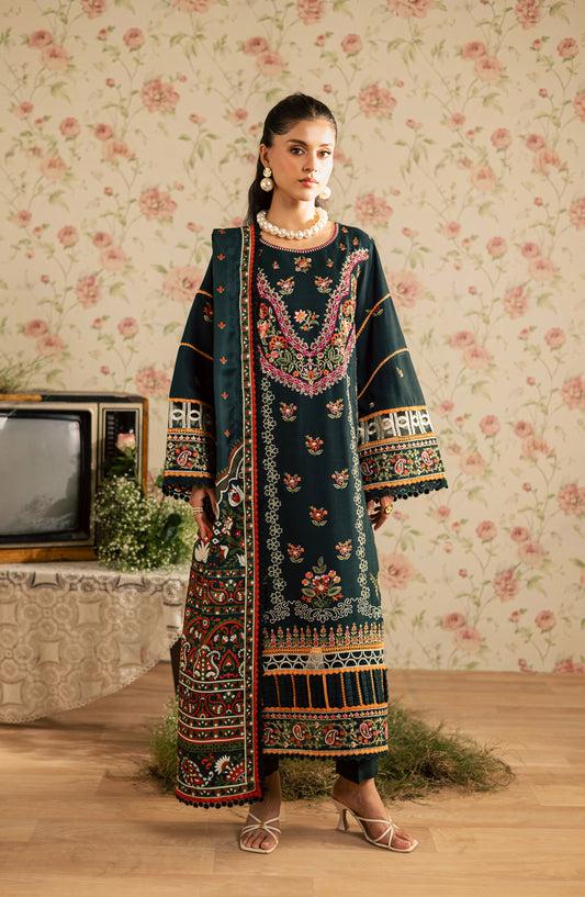 Mahnur Kaia Embroidered Slub Linen Unstitched 3 Piece Suit - KO-08 - MH25KAI - Teal - Winter Collection