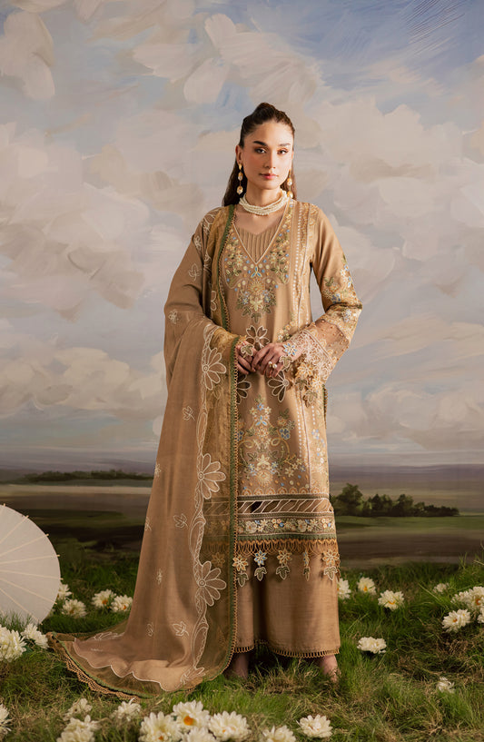Mahnur Kaia Embroidered Slub Linen Unstitched 3 Piece Suit - KO-04 - MH25KAI - Beige - Winter Collection