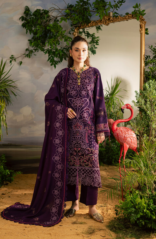 Mahnur Kaia Embroidered Slub Linen Unstitched 3 Piece Suit - KO-01 - MH25KAI - Purple - Winter Collection