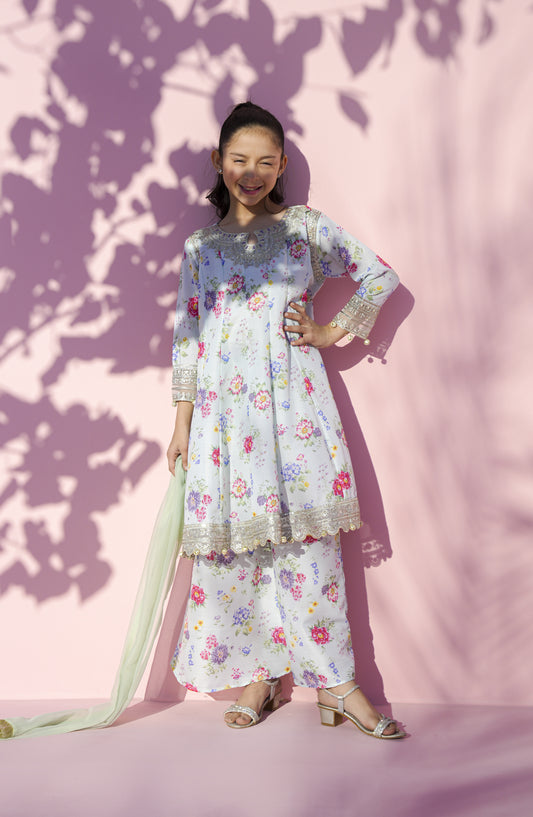 Main Hun Maryam Guriya by Amna Khadija Embroidered Poly Lawn Stitched 3 Piece Suit - MHMG-01 - AM26MRM - Sky Blue - Girls Festive Collection