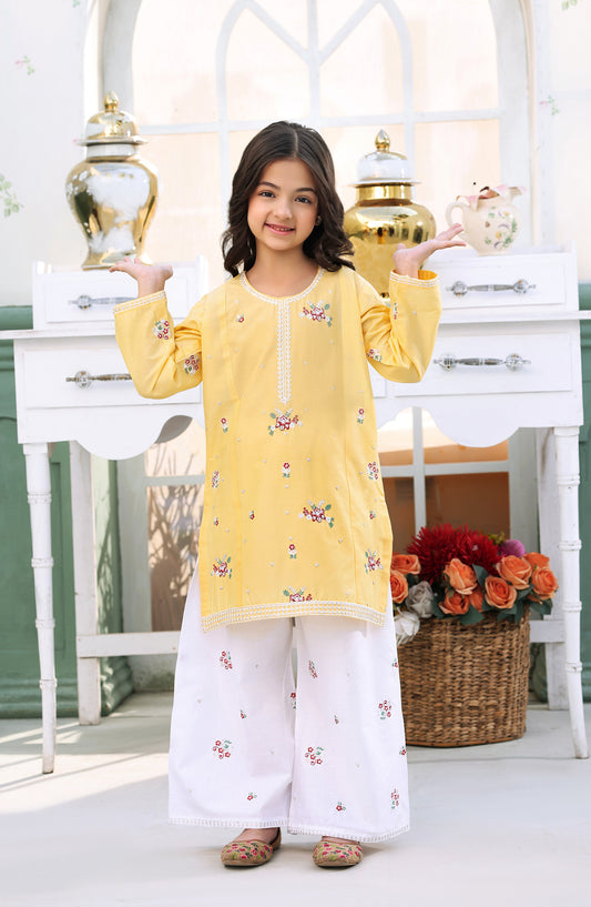 Fresh Birds Embroidered Cotton Lawn Stitched 2 Piece Suit - Mango - FBR26FS - Lemon - Festive Girls Collection