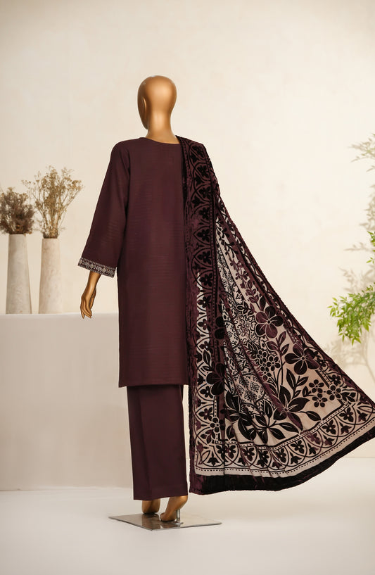 Maniya Velvet by Amna Khadija Embroidered Zari Self Dhanak Stitched 3 Piece Suit - MVSOW-04 - AM25MVSOW - Maroon - Winter Collection