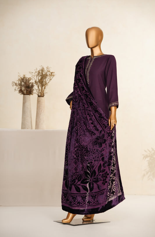 Maniya Velvet by Amna Khadija Embroidered Zari Self Dhanak Stitched 3 Piece Suit - MVSOW-03 - AM25MVSOW - Purple - Winter Collection