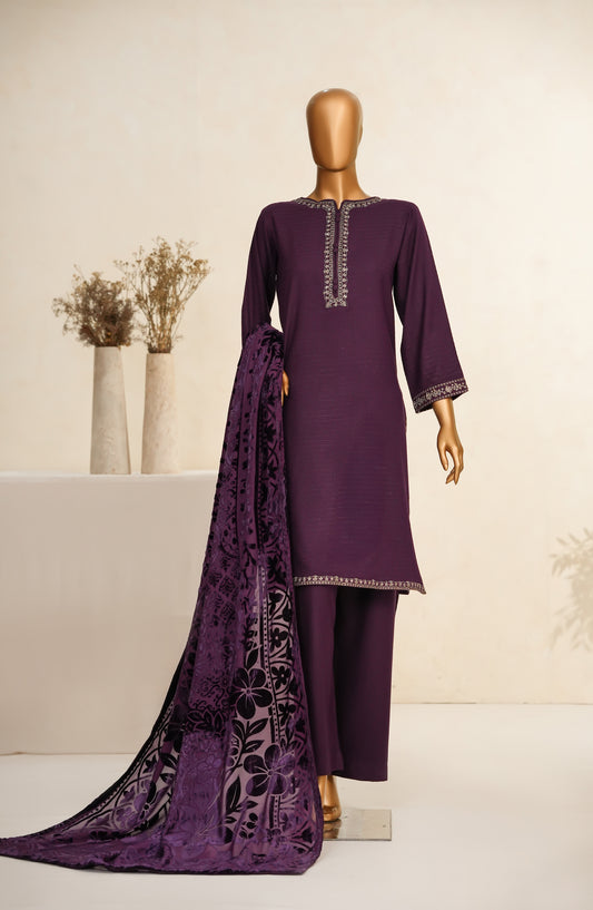 Maniya Velvet by Amna Khadija Embroidered Zari Self Dhanak Stitched 3 Piece Suit - MVSOW-03 - AM25MVSOW - Purple - Winter Collection