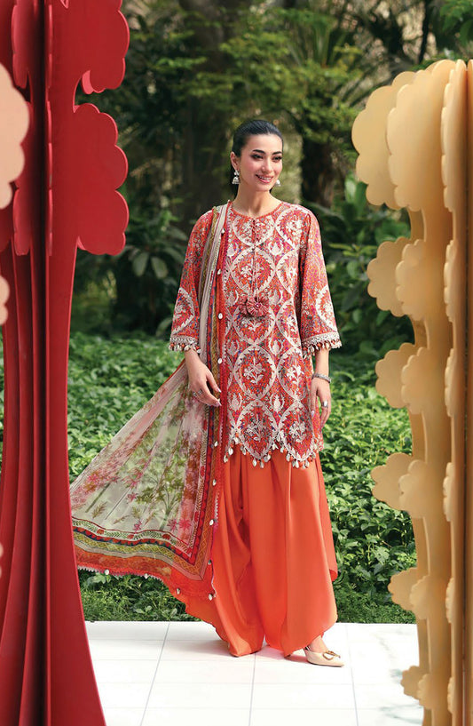 Maria B. M.Prints Embroidered Lawn Unstitched 3 Piece Suit - 3A - MB26SNC - Orange - Summer Collection