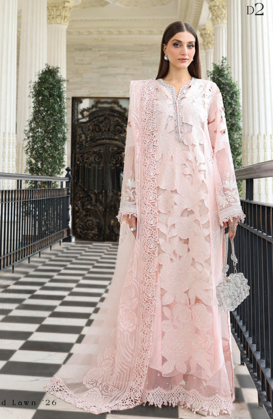 Maria B Luxury Embroidered Lawn Unstitched 3 Piece Suit - D2 - MB26ED - Pink - Summer Festive Collection