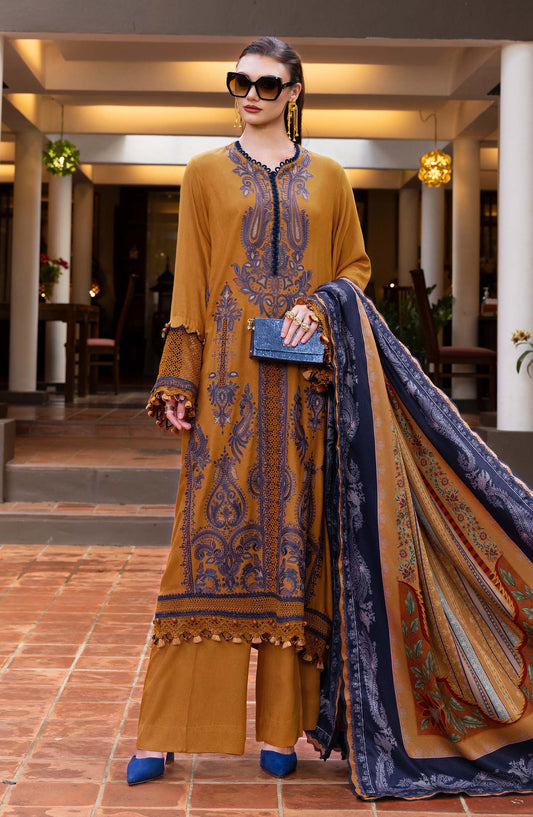 Maria B M.Prints Embroidered Twill Linen Unstitched 3 Piece Suit - D-3A - MB25PNW - Mustard - Winter Collection