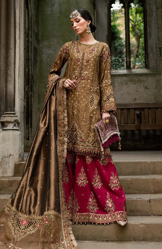 Maria B Soiree Luxury Embroidered Raw Silk Unstitched 3 Piece Suit - WF-09-04 - MB25SOR - Tambaku Brown - Formals Collection