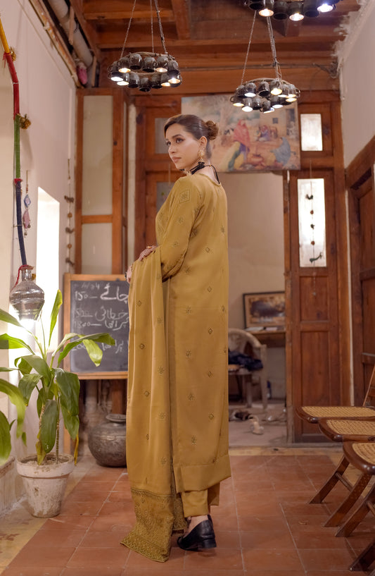 Marjjan Luxury Embroidered Resham Wool Unstitched 3 Piece Suit - MRW-517 Mustard - MRJ25WRM - Winter Collection