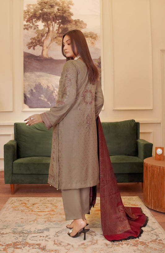 Marjjan Luxury Embroidered Slub Wool Unstitched 3 Piece Suit - MDS-80 Maroon - MRJ25SLW - Winter Collection
