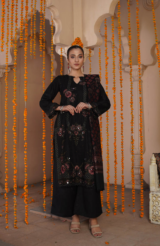 Marjjan Luxury Embroidered Slub Wool Unstitched 3 Piece Suit - MDS-81 Black - MRJ25PSH - Winter Collection