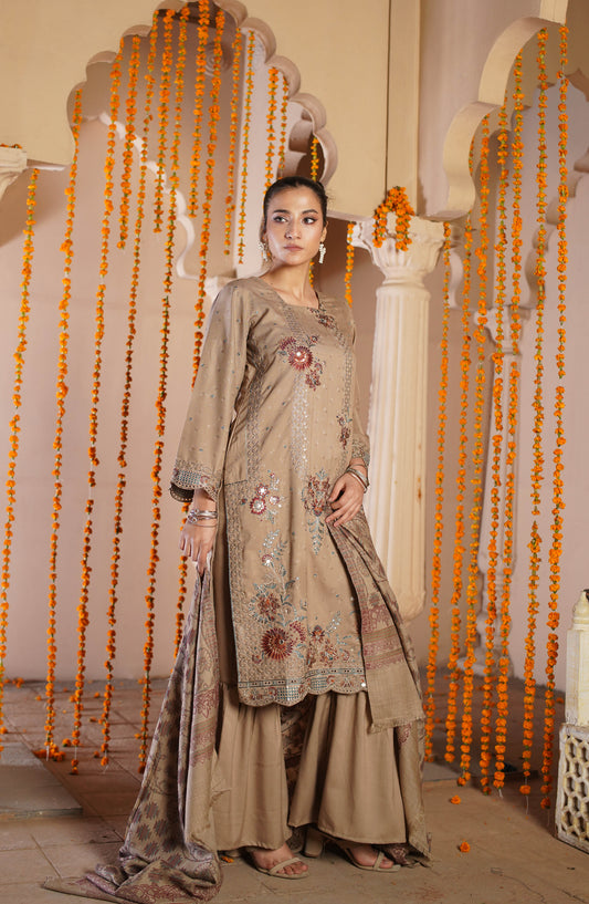 Marjjan Luxury Embroidered Slub Wool Unstitched 3 Piece Suit - MDS-81 Skin - MRJ25PSH - Winter Collection