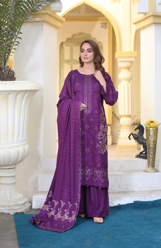 Marjjan Luxury Embroidered Resham Wool Unstitched 3 Piece Suit - MRW-512 Plum - MRJ25MRW - Winter Collection
