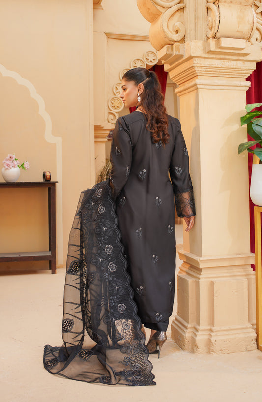 Marjjan Luxury Embroidered Silk Viscose Unstitched 3 Piece Suit - MV-287 Black - MRJ25VS - Winter Collection