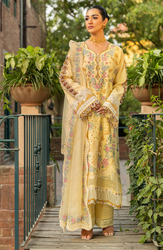Maryam Hussain Embroidered Luxury Lawn Unstitched 3 Piece Suit - Marjaan - MRH25LL - Yellow - Summer Collection