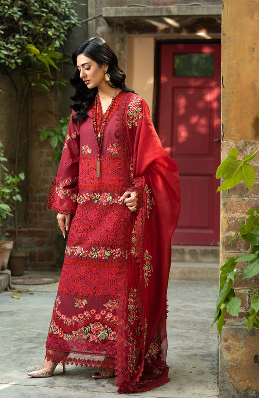 Maryam Hussain Embroidered Luxury Lawn Unstitched 3 Piece Suit - Amal - MRH25LL - Red - Summer Collection