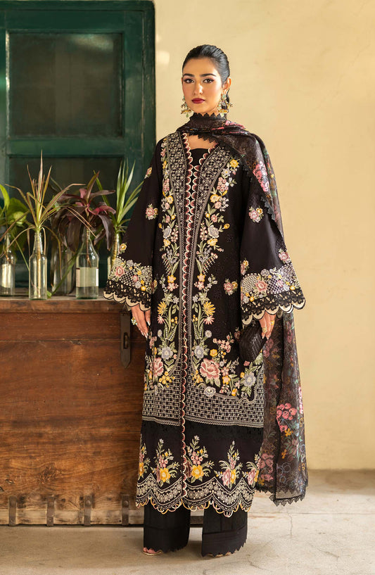 Maryam Hussain Embroidered Luxury Lawn Unstitched 3 Piece Suit - Koyal - MRH25LL - Black - Summer Collection