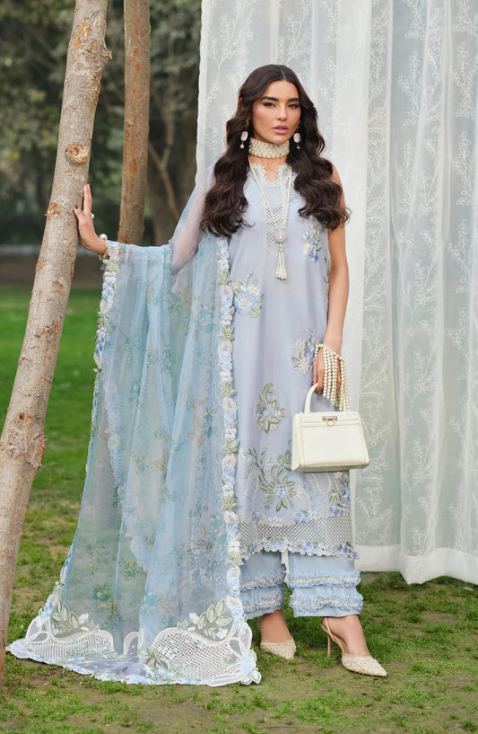 Maryam Hussain Embroidered Lawn Unstitched 3 Piece Suit - Frost - MRH26LW - Sky Blue - Luxury Summer Collection