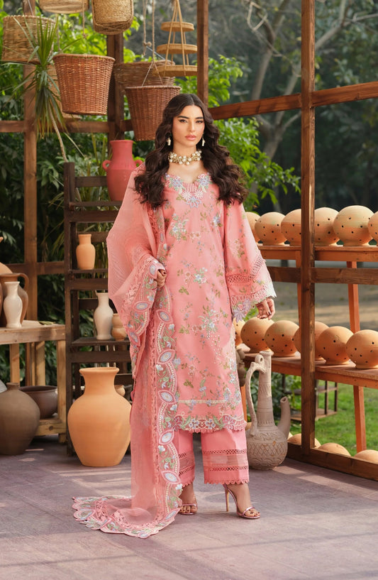 Maryam Hussain Embroidered Lawn Unstitched 3 Piece Suit - Dimple - MRH26LW - Pink - Luxury Summer Collection
