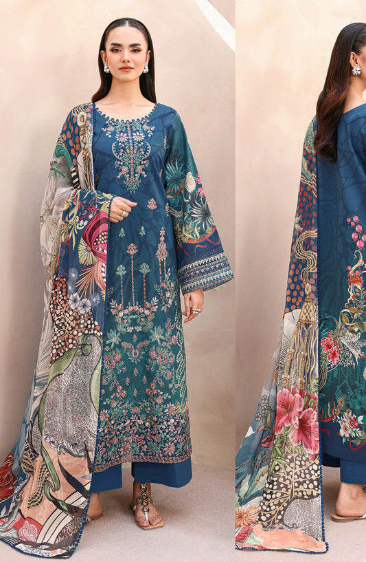Mashaal by Ramsha Luxury Embroidered Lawn Unstitched 3 Piece Suit - L-1509 - RM26MSH - Blue - Summer Collection