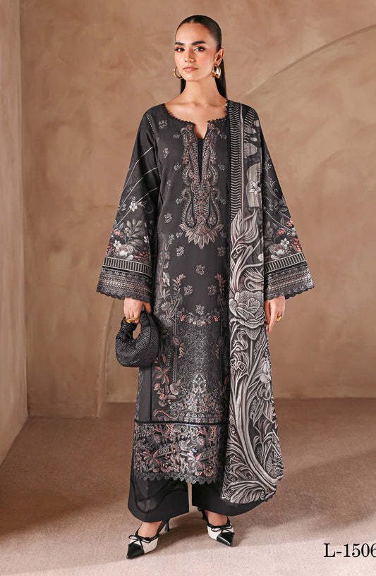 Mashaal by Ramsha Luxury Embroidered Lawn Unstitched 3 Piece Suit - L-1506 - RM26MSH - Black - Summer Collection