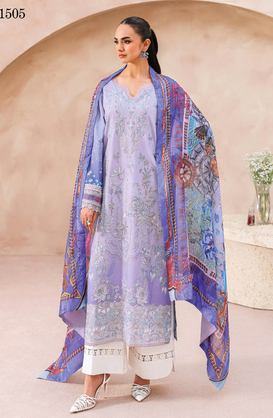 Mashaal by Ramsha Luxury Embroidered Lawn Unstitched 3 Piece Suit - L-1505 - RM26MSH - Blue - Summer Collection