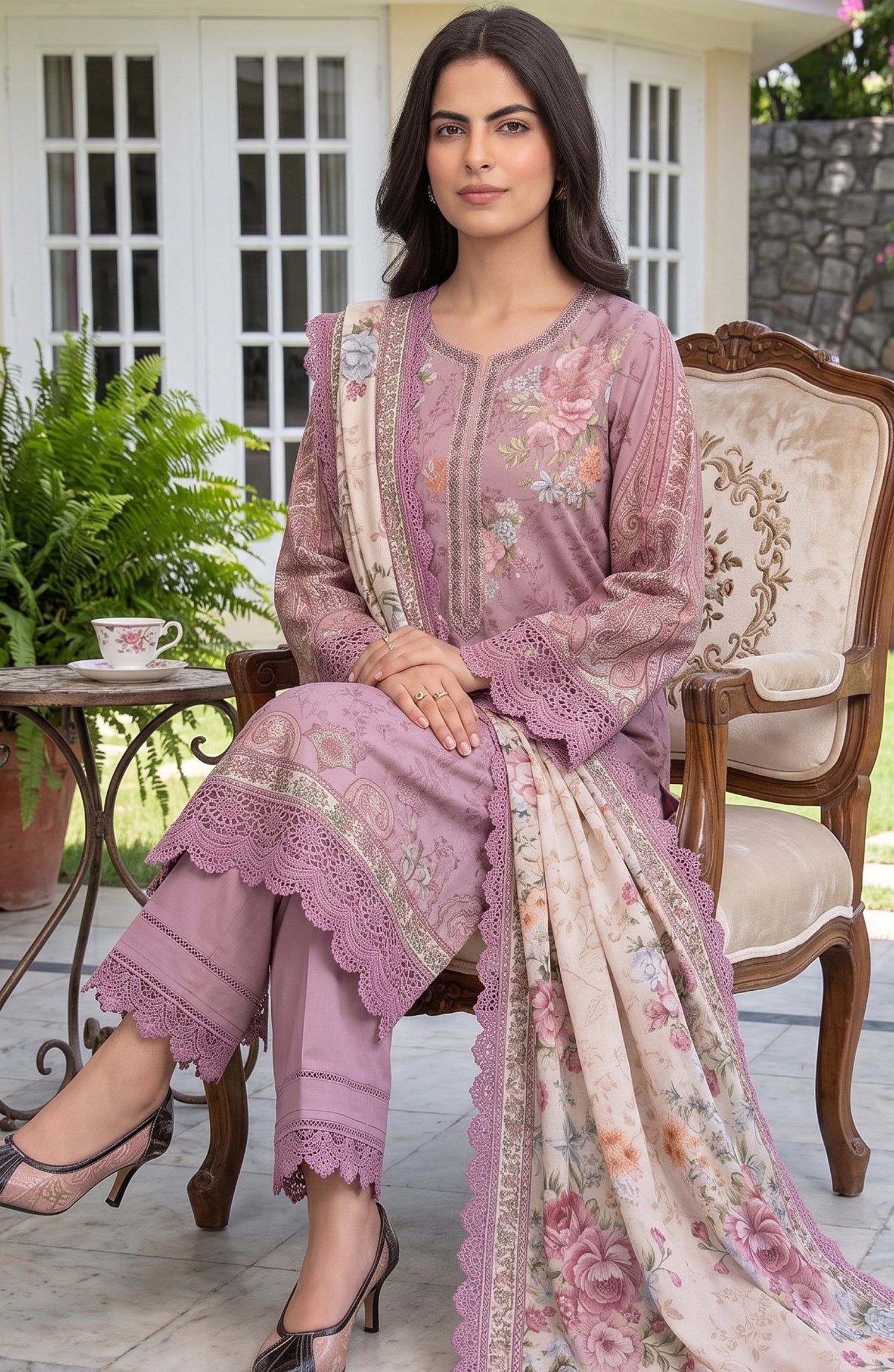 Mausummery Printed Linen Unstitched 3 Piece Suit - 04 Lily - MU26LN - Purple - Winter Collection