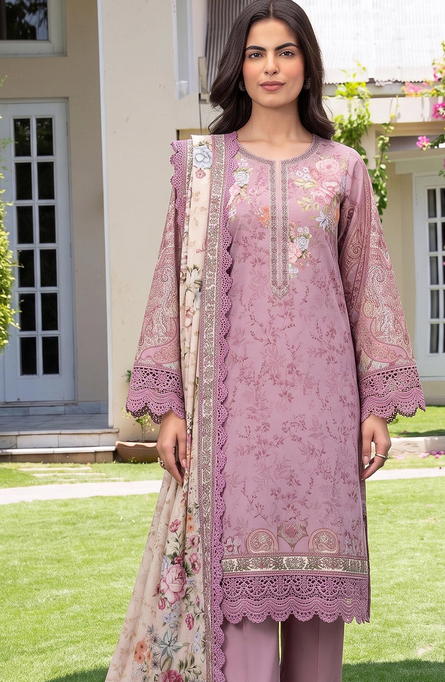 Mausummery Printed Linen Unstitched 3 Piece Suit - 04 Lily - MU26LN - Purple - Winter Collection