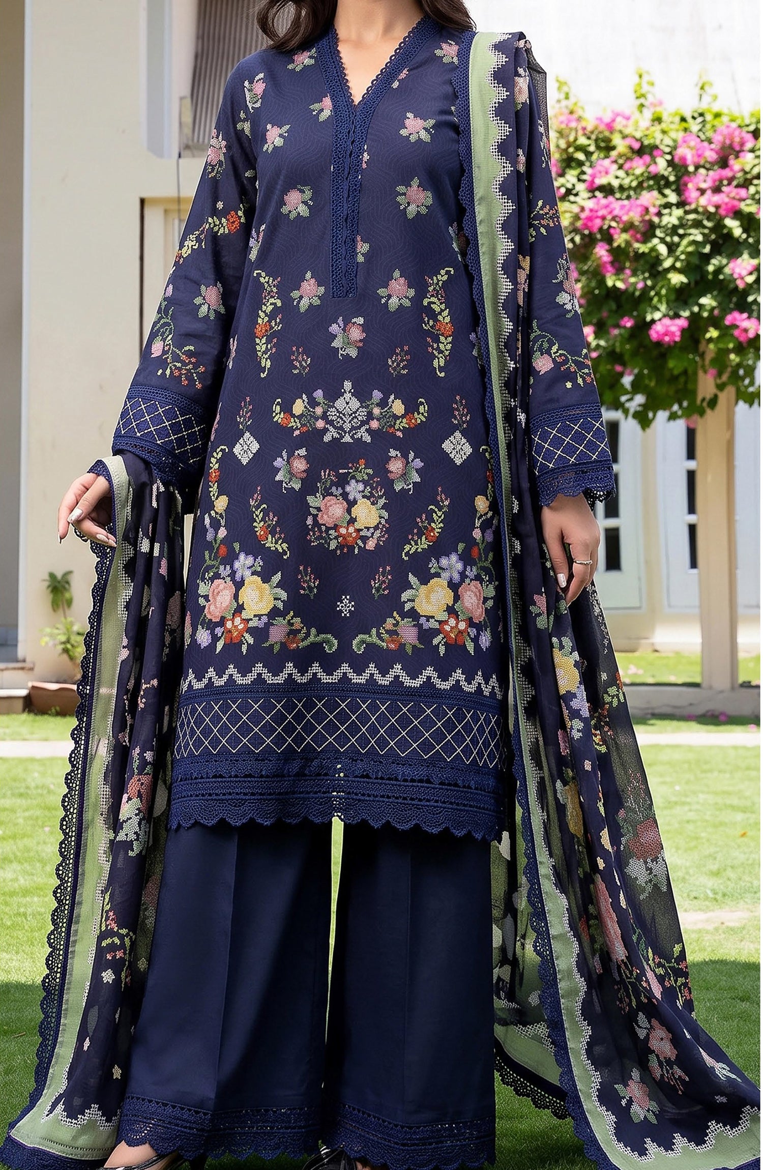 Mausummery Printed Linen Unstitched 3 Piece Suit - 05 Peony - MU26LN - Blue - Winter Collection