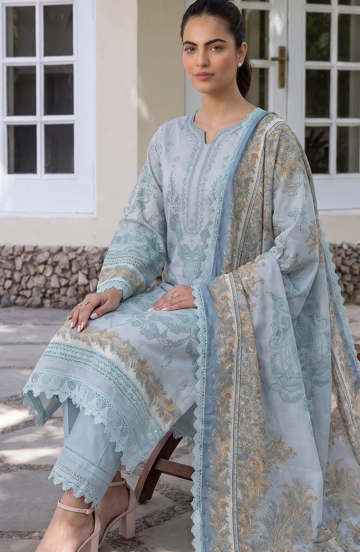 Mausummery Printed Linen Unstitched 3 Piece Suit - 07 Begonia - MU26LN - Sky Blue - Winter Collection