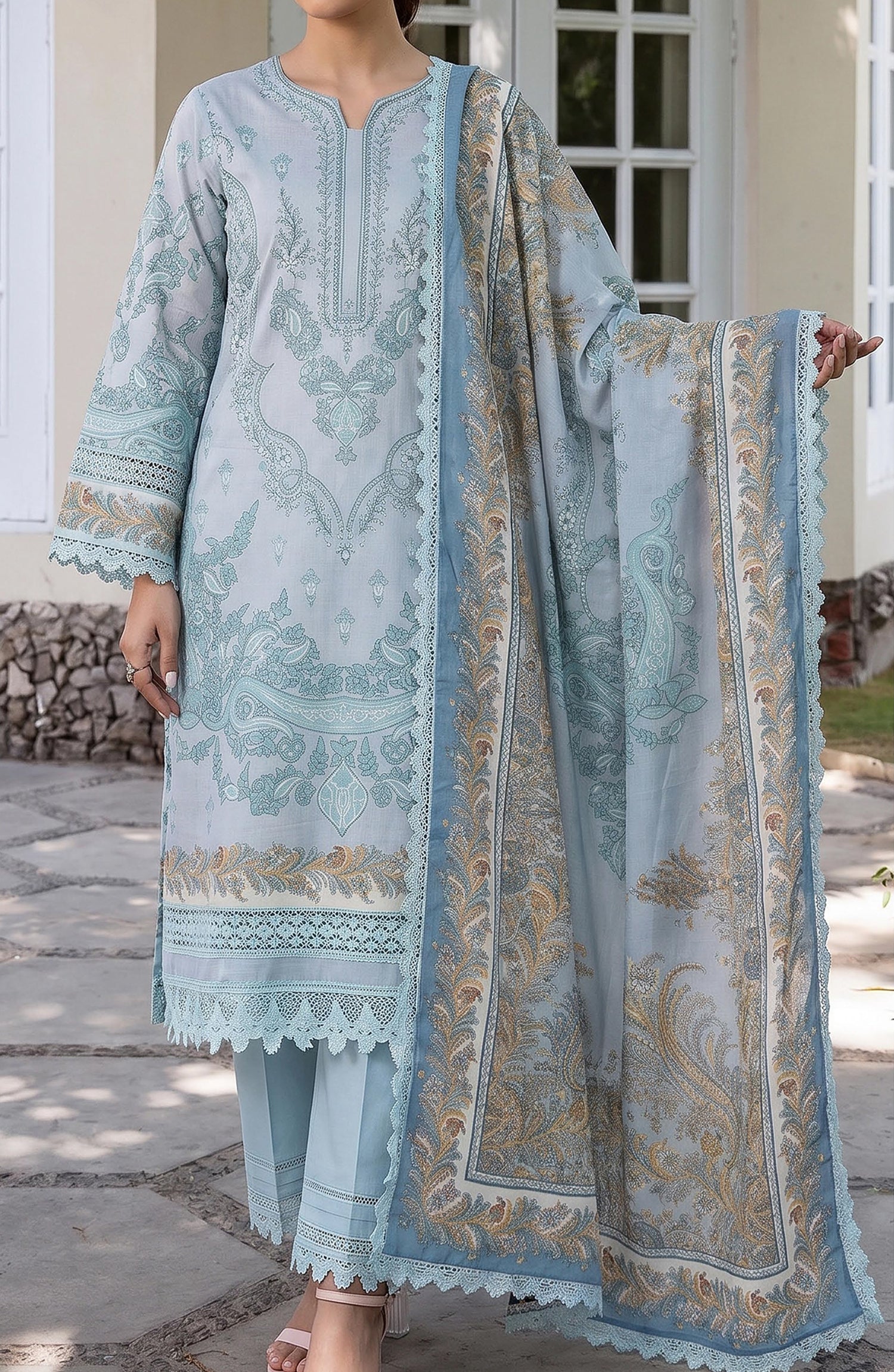 Mausummery Printed Linen Unstitched 3 Piece Suit - 07 Begonia - MU26LN - Sky Blue - Winter Collection