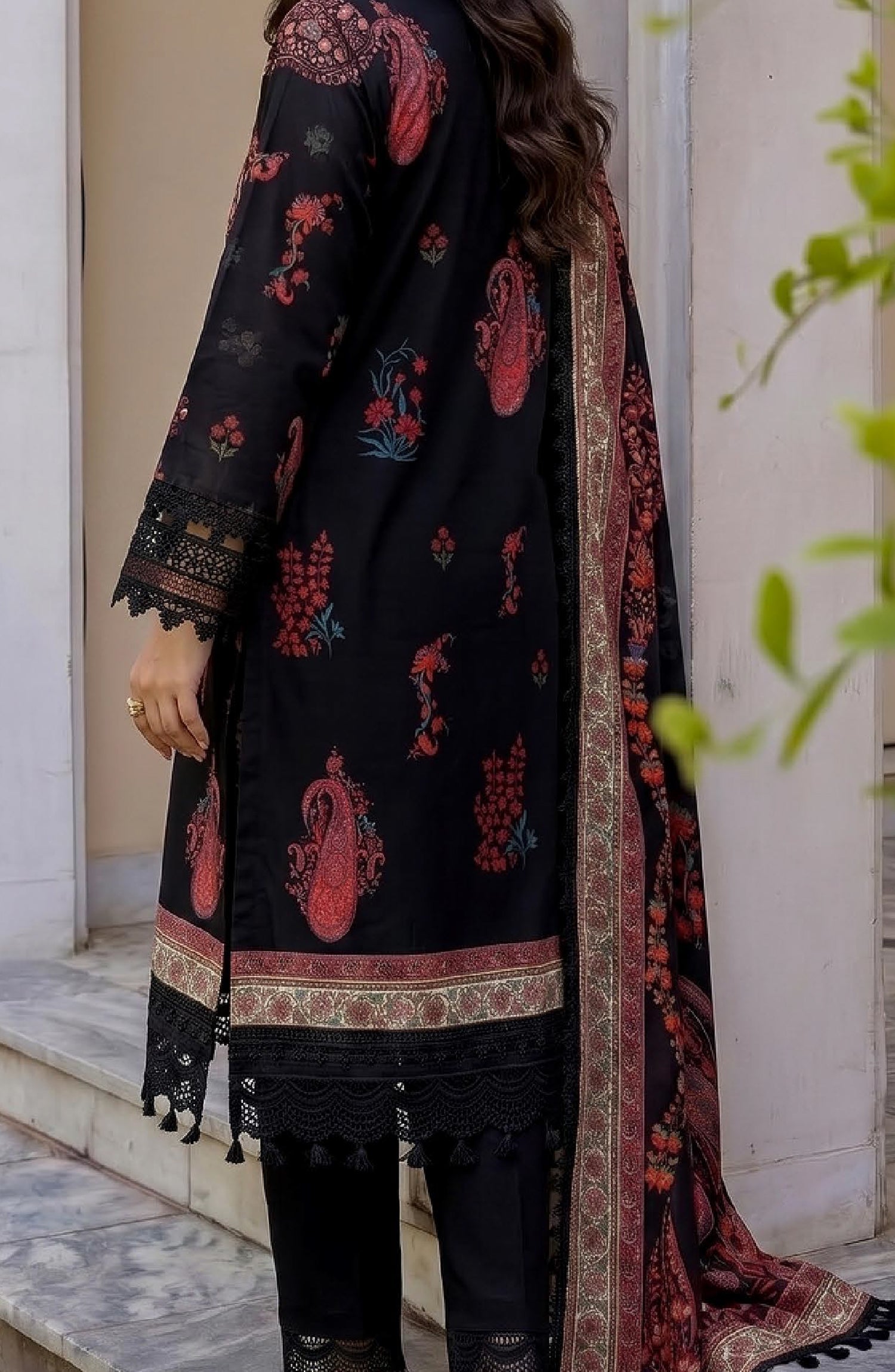 Mausummery Printed Linen Unstitched 3 Piece Suit - 09 Alstroemeria - MU26LN - Black - Winter Collection