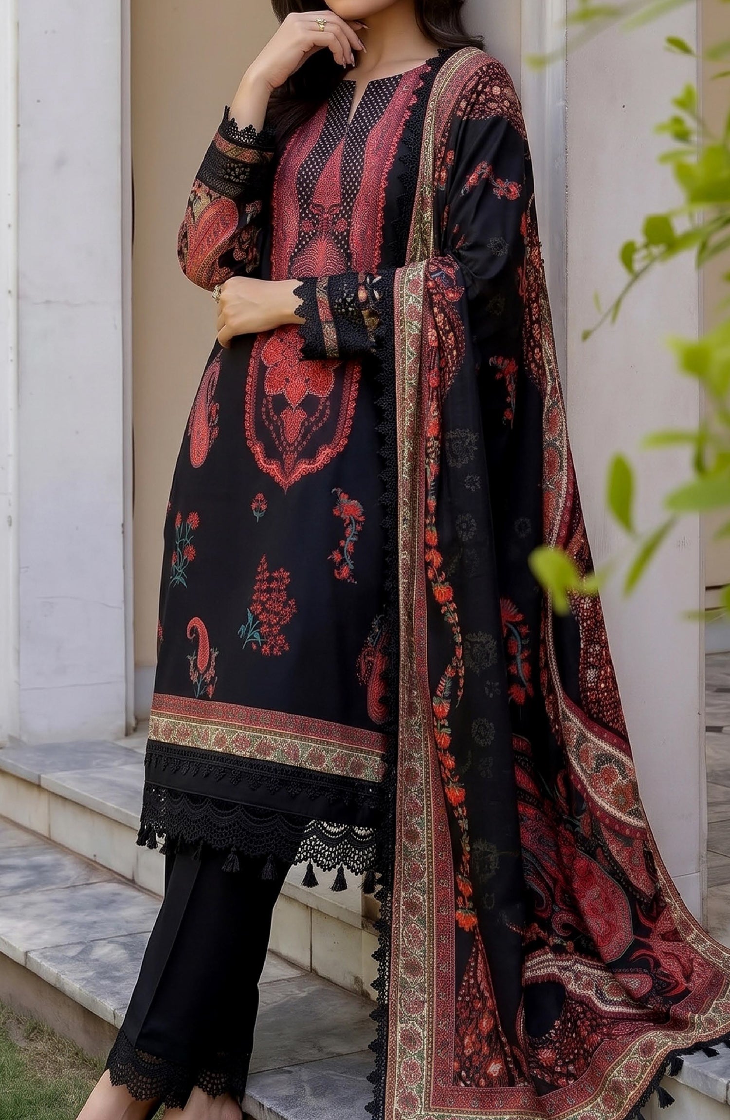 Mausummery Printed Linen Unstitched 3 Piece Suit - 09 Alstroemeria - MU26LN - Black - Winter Collection