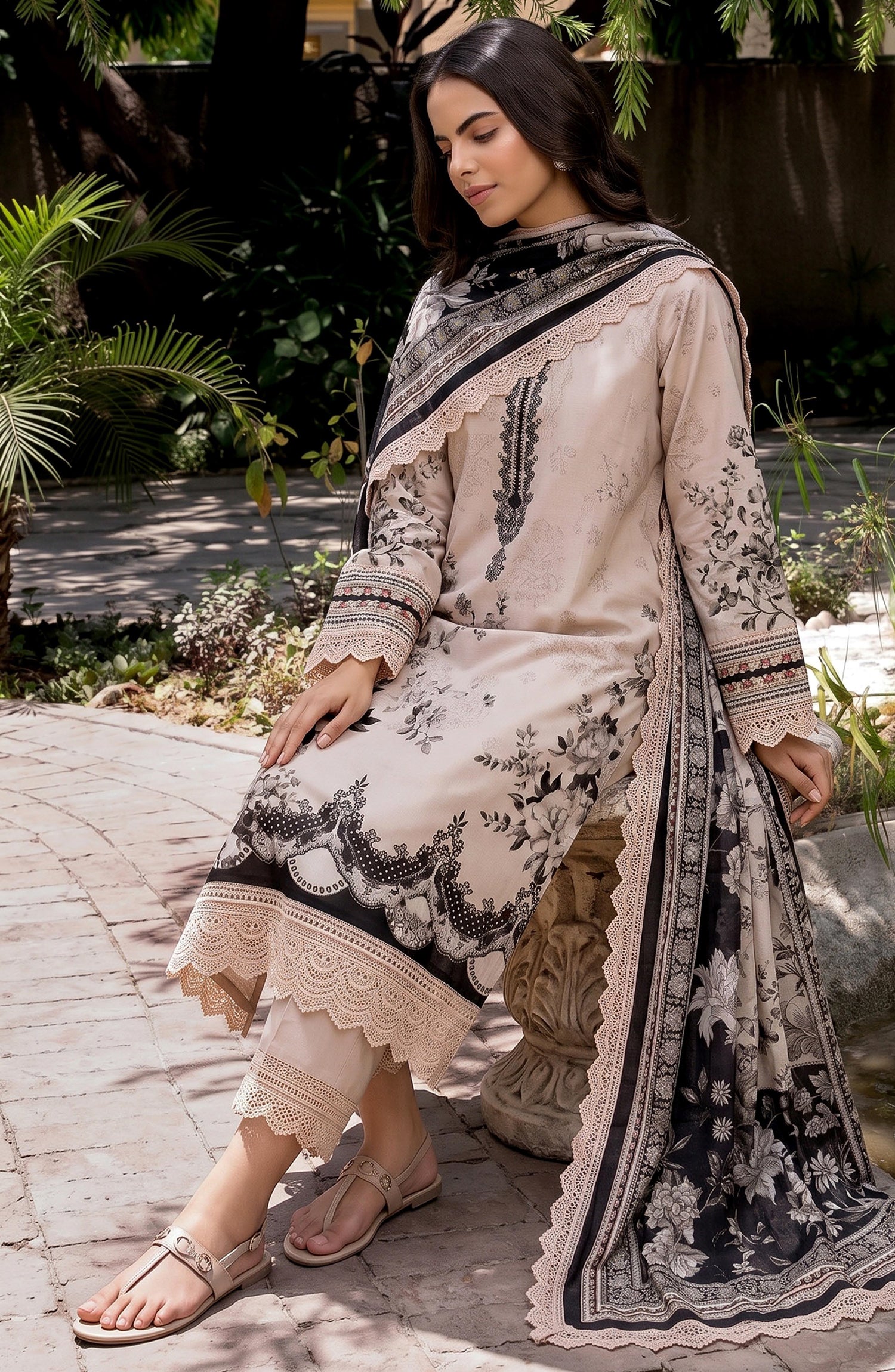 Mausummery Printed Linen Unstitched 3 Piece Suit - 10 Blossom - MU26LN - Beige - Winter Collection
