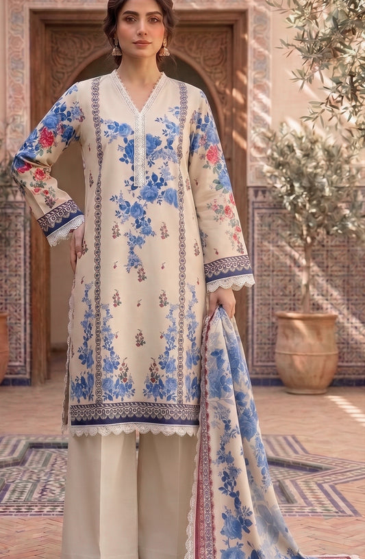 Mausummery Printed Lawn Unstitched 3 Piece Suit - D-07 Bluebell - MU26FRN - Cream - Summer Collection