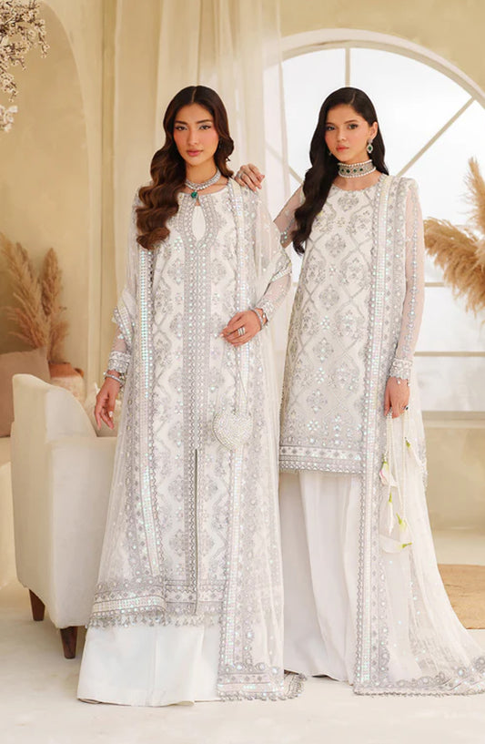 Meesa by Zarif Exclusive Embroidered Net Unstitched 3 Piece Suit - Meehar - ZRF25MSA - White - Luxury Formals Collection